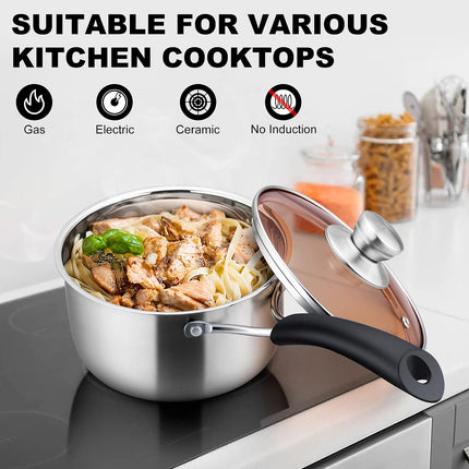 1QT Stainless Steel Saucepan with Lid, Induction Ready, Stay-Cool Handle