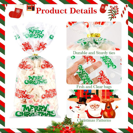 100PCS Christmas Cellophane Treat Bags – Clear Candy Bags with Twist Ties