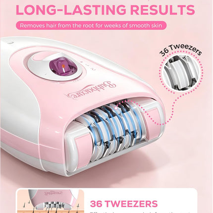 2-Speed Cordless Epilator for Women, 36 Tweezers, LED Light, Facial & Body Hair Removal