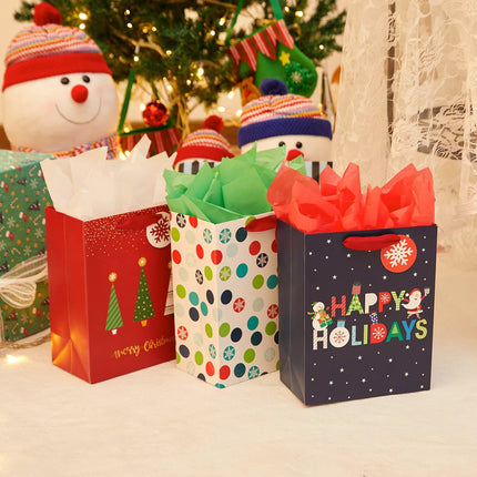 6 Pack Small Christmas Gift Bags with Tissue Paper – 3 Festive Designs