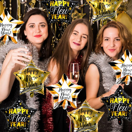 9-Piece Happy New Year Balloons – Black & Gold Star Foil Party Supplies