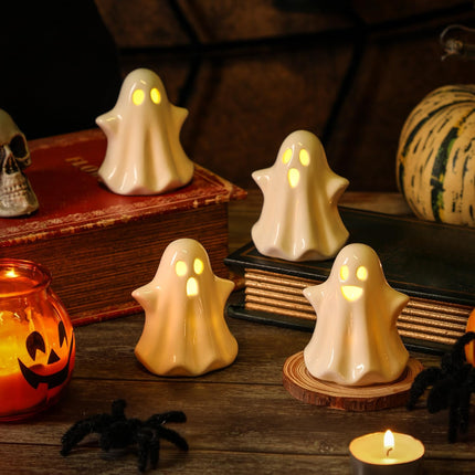 4-Piece Ceramic Ghost Lights, LED Halloween Figurines with Timer for Tabletop Decor