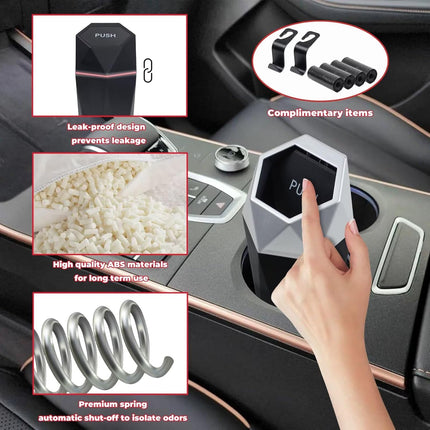 Car Trash Can with Lid, 60 Trash Bags & 2 Hooks, Small Auto Garbage Bin Organizer