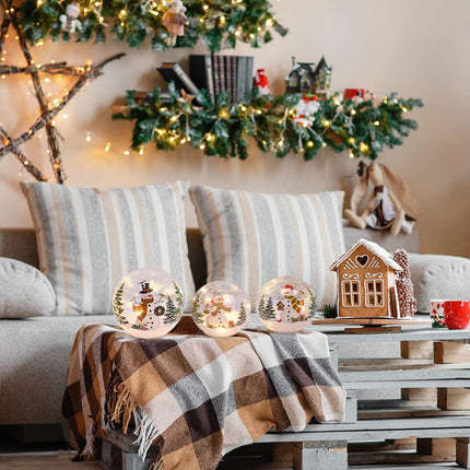 3 PCS Sparkling Snowman Globes with LED Lights & Timer, Indoor Xmas Table Decor