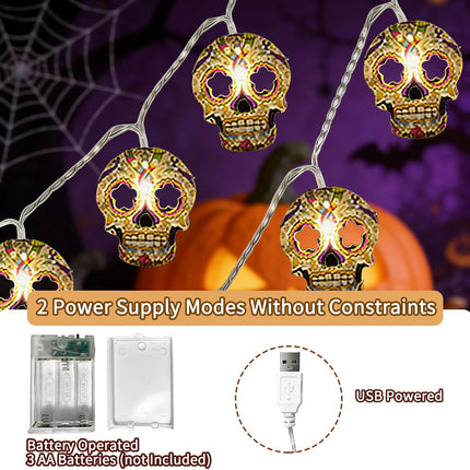 30LED Halloween Skull String Lights, Battery/USB Powered, 2 Modes Indoor Outdoor
