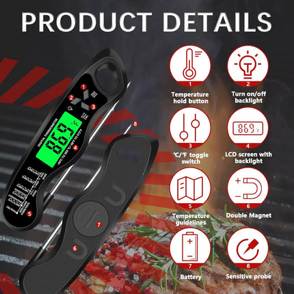 Digital Meat Thermometer – IP67 Waterproof, Backlight, Hold & Calibration