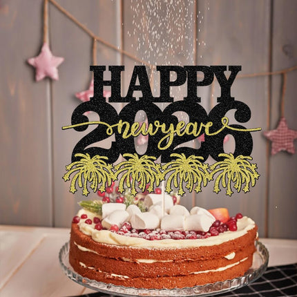 Happy New Year 2026 Cake Decoration – Black & Gold NYE Party Topper