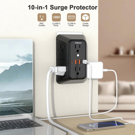 6-Outlet Surge Protector with 4 USB Ports (2 USB-C) – 3-Sided Wall Adapter for Home & Travel