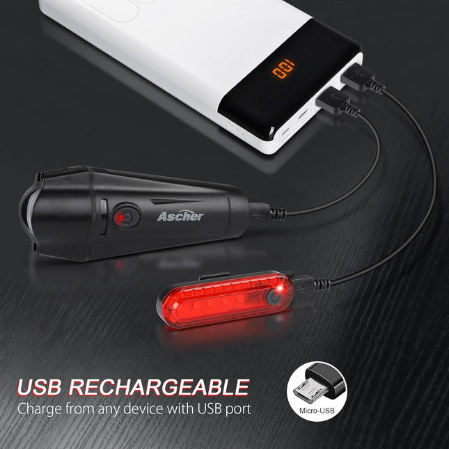 USB Rechargeable Bike Light Set: Front Headlight & Rear Taillight with 4 Modes for Cycling