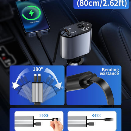 Retractable Car Charger – 4-in-1 Fast Charging for iPhone, Samsung, Pixel & More