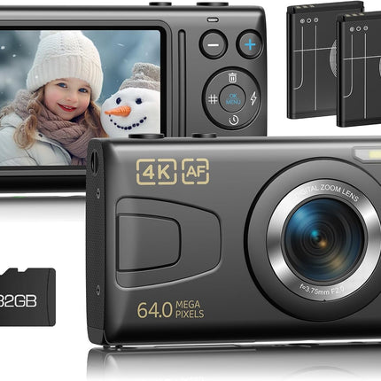 Digital Camera 4K 64MP Point & Shoot 18X Zoom Kids Teens Photography Gift