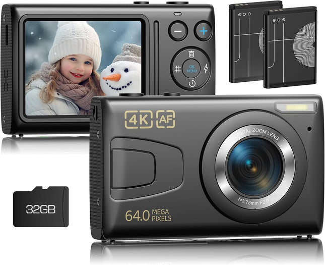 Digital Camera 4K 64MP Point & Shoot 18X Zoom Kids Teens Photography Gift