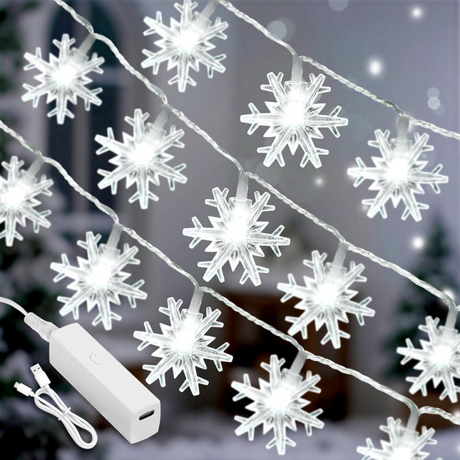 40 LED Snowflake Christmas String Lights, 20FT Battery-Powered & Rechargeable Fairy Lights
