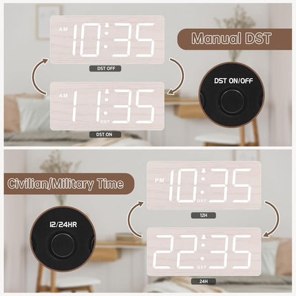 Wooden Digital Alarm Clock – Large Numbers, Loud Alarm, Dimmer, Volume Control