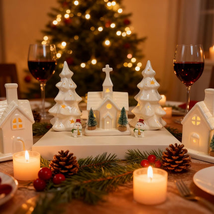 Christmas Decorations Indoor 11 Pcs Ceramic Christmas Village Set 3 Lighted Houses & 2 Lighted Pieces