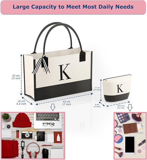 Personalized Monogram Canvas Tote Bag with Zipper Pockets and Matching Makeup Bag