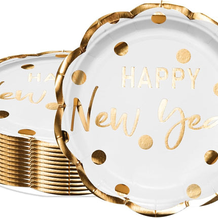 Happy New Year 25-Pc Paper Plates – White & Gold Foil Disposable Tableware