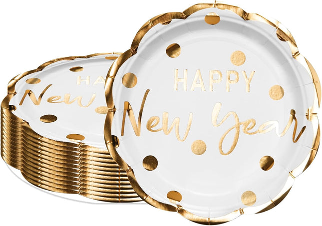 Happy New Year 25-Pc Paper Plates – White & Gold Foil Disposable Tableware