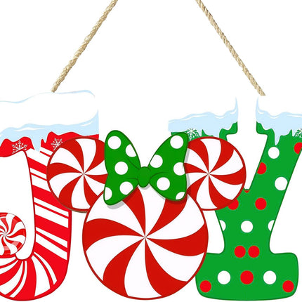 Christmas Joy Door Sign – Wood Candy Mouse Wreath for Front Door Decor