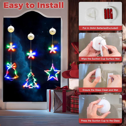 3Pcs Battery-Powered Christmas Window Lights – Tree, Jingle Bell & Star Shaped Holiday Décor