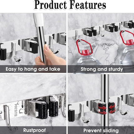 5 Racks & 4 Hooks Mop Broom Holder – Stainless Steel Wall Mount Organizer