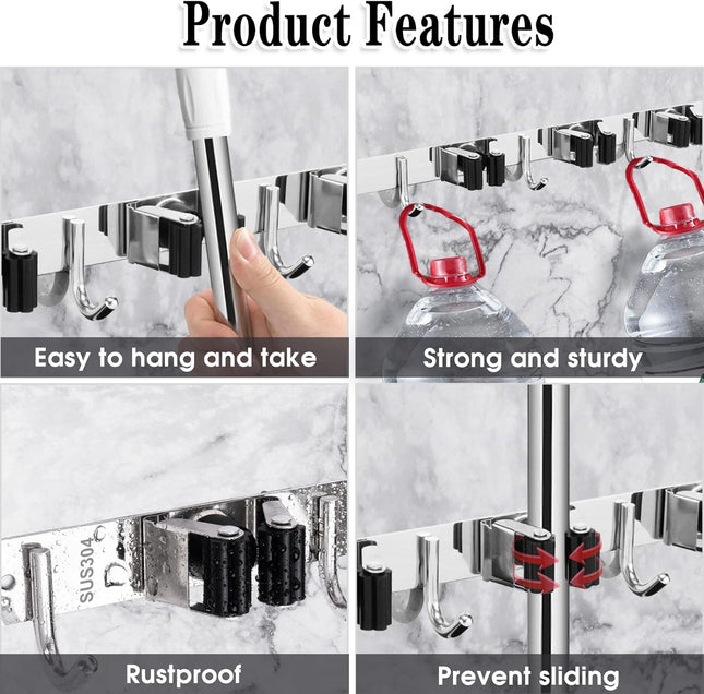 5 Racks & 4 Hooks Mop Broom Holder – Stainless Steel Wall Mount Organizer