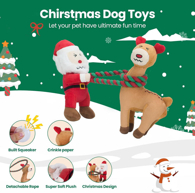 Christmas Dog Toys – Plush Squeaky Toys with Detachable Rope for All Breeds