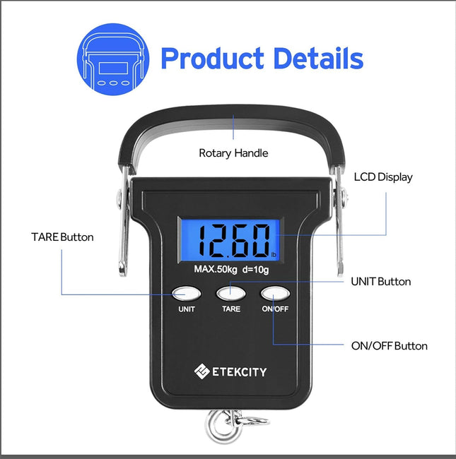 Fishing Scale 110lb/50kg, Digital LCD, Backlit Display, Non-Slip Handle, Pouch