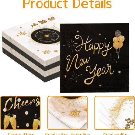 48-Piece Happy New Year 2026 Napkins – Disposable Black & Gold Tableware