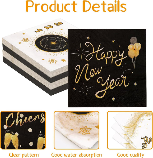 48-Piece Happy New Year 2026 Napkins – Disposable Black & Gold Tableware