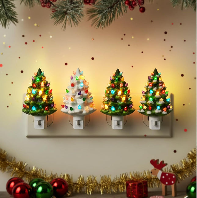 4-Pack Christmas Ceramic Tree Night Lights – 6" Vintage Holiday Table Decor