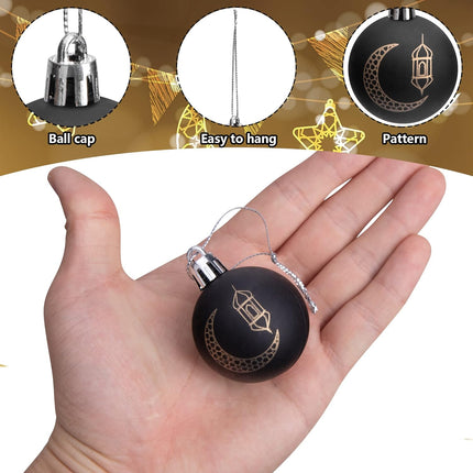 24PCS Black Gold Ramadan Ornament Balls – 1.57” Eid Mubarak Hanging Decor