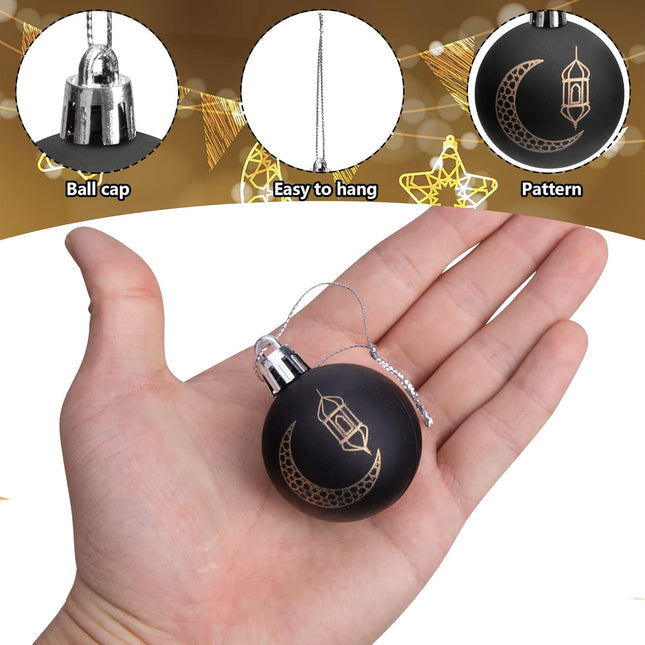 24PCS Black Gold Ramadan Ornament Balls – 1.57” Eid Mubarak Hanging Decor