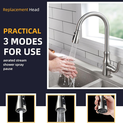 Kitchen Faucet Head Replacement – G 1/2 & 13/16 Inch, Brushed Nickel, 3 Modes