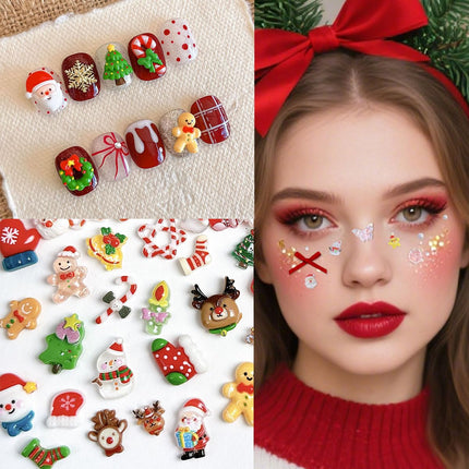 100PCS Christmas Nail Charms – 3D Resin Santa, Snowflake & Tree Designs