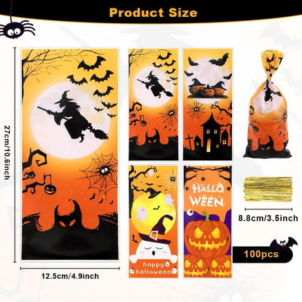 100-Piece Halloween Treat Bags, Cellophane Candy Goodie Bags with Twist Ties