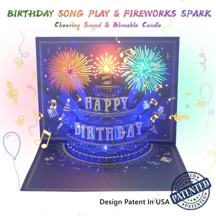 3D Musical Pop-Up Birthday Card, Lights, Fireworks & Candle, Birthday Gift for Mom & Dad