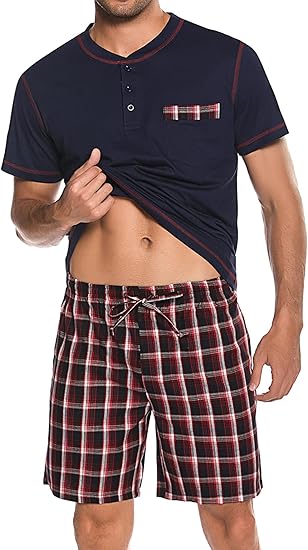 Men’s Cotton Pajama Set Short Sleeve Sleepwear Shorts with Pockets Size S-3XL