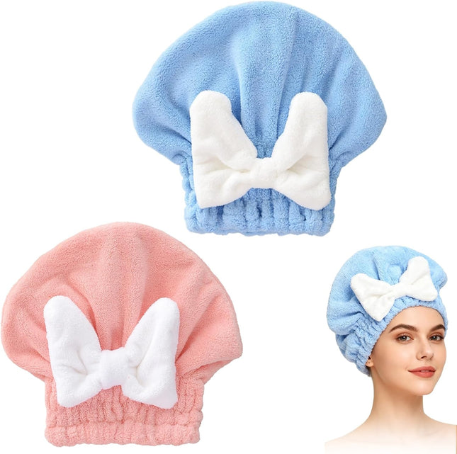 2Pcs Microfiber Hair Towel Wraps – Quick-Dry, Soft, Pink & Blue for Women