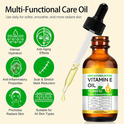 Vitamin E Oil 75,000 IU – Pure, Easy-to-Absorb Oil for Skin, Scars & Radiant Skin