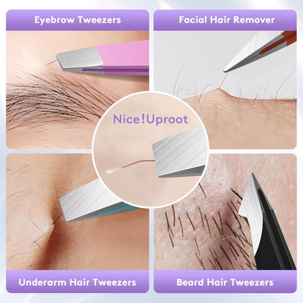 4-Pack Tweezers for Women – Eyebrows, Ingrown Hair, Leather Travel Case