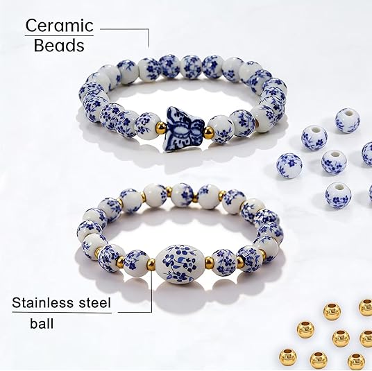 Butterfly Charm Bracelet Set Blue & White Porcelain Beaded, Adjustable Vintage Stretch Bracelets