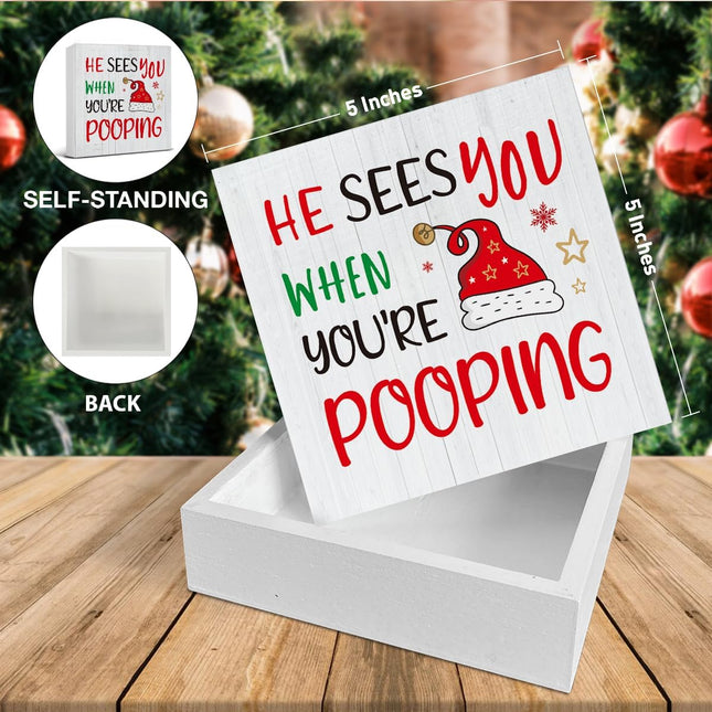 Christmas Humor Bathroom Sign – Wooden Xmas Decor for Shelf or Desk, 5x5”