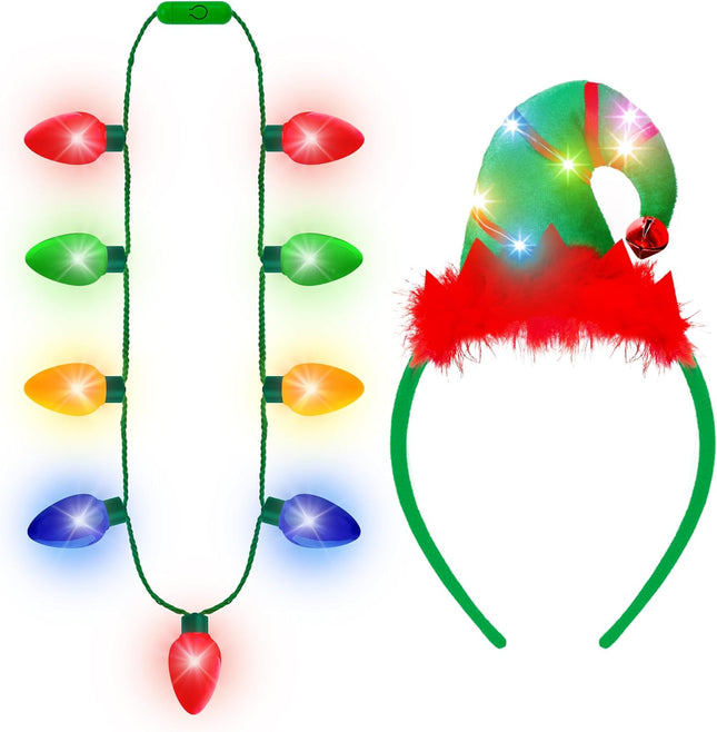 2 Pack Christmas Light-Up Headbands & Necklaces – Holiday Party Accessories