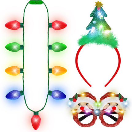 3 PCS Christmas Light-Up Necklace Headband Glasses Set LED Flashing Xmas