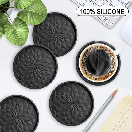 6 Pack Black Silicone Coasters with Holder Non Slip Cup Mats for Drinks
