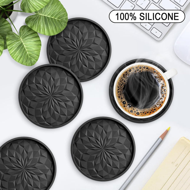 6 Pack Black Silicone Coasters with Holder Non Slip Cup Mats for Drinks