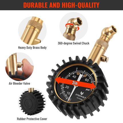 Tire Pressure Gauge for Cars – 0-75 PSI, Large Glow Dial, Calibrated to ANSI B40.1 Grade A