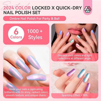 6-Pc Ombre Nail Polish Set, Pink Blue Gold Purple Pearl Quick-Dry Nail Lacquer