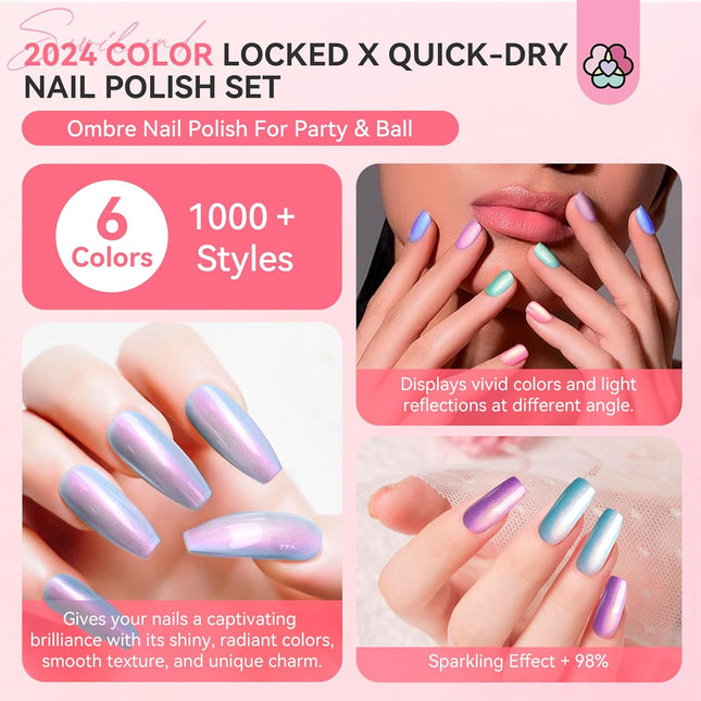 6-Pc Ombre Nail Polish Set, Pink Blue Gold Purple Pearl Quick-Dry Nail Lacquer